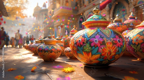 Colorful decorated pottery displayed in a vibrant market scene, capturing the essence of celebration and cultural richness. photo