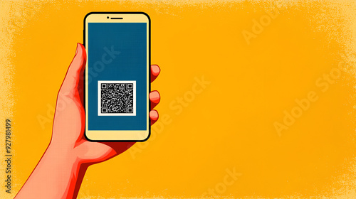 QR Code on Smartphone, Yellow Background for Social Media or Marketing photo