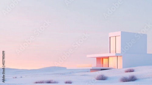 A minimalist modern house in a snowy landscape at sunset, showcasing serene architecture.