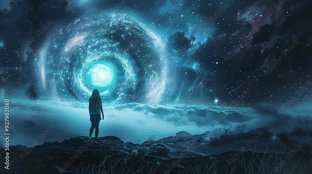 Girl standing on an alien planet surface gazing at a mysterious cloud ...