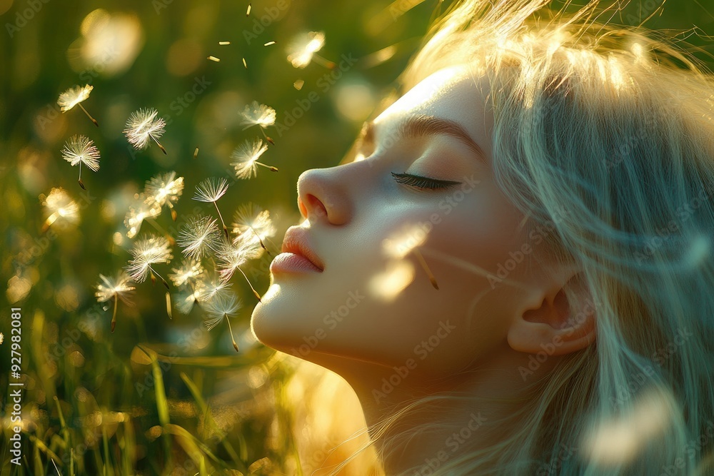A woman with blonde hair in a field of dandelions. This photo is ideal for projects about spring, nature, and dreams. A woman with blonde hair in a field of dandelions. This photo is ideal for projects about spring, nature, and dreams.