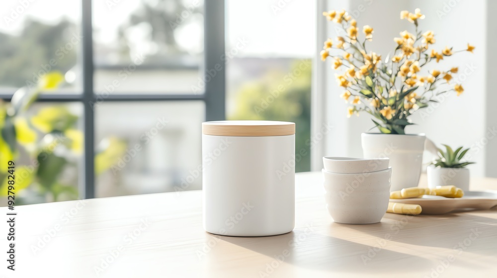 A stylish white container with a wooden lid, accompanied by a minimalist vase and plants, in a bright, airy setting. A stylish white container with a wooden lid, accompanied by a minimalist vase and plants, in a bright, airy setting.