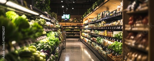 A grocery store with only the highpriced organic section lit, symbolizing economic shifts towards luxury food markets photo