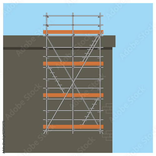 Hanging and cantilever scaffolding installation at high rise building vector illustration. Working platform for work at height.