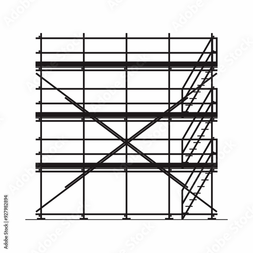 Large construction scaffolding vector illustration. Three level of working at height platform safety using steel pipe and clamp. Monochrome, black and white vector image.