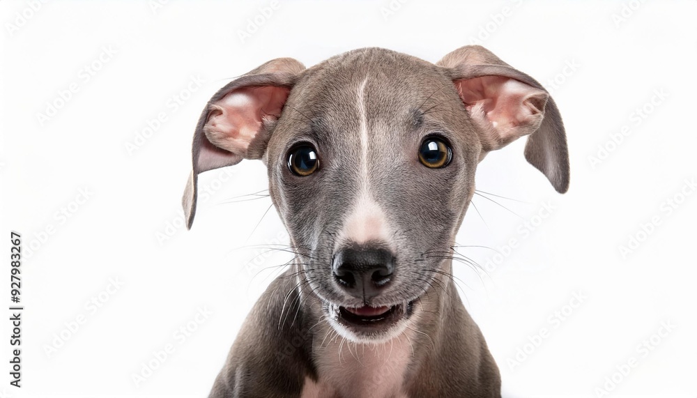 笑顔のイタリアン・グレーハウンドの子犬のポートレート(Portrait of a smiling Italian Greyhound puppy on white background)
笑顔のイタリアン・グレーハウンドの子犬のポートレート(Portrait of a smiling Italian Greyhound puppy on white background)
