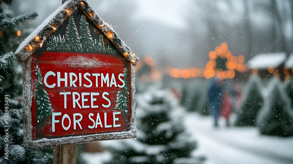 Sign that reads “CHRISTMAS TREES FOR SALE” - mountain Christmas tree farm - families shopping for a Christmas tree - festive - holiday - beautiful scenery