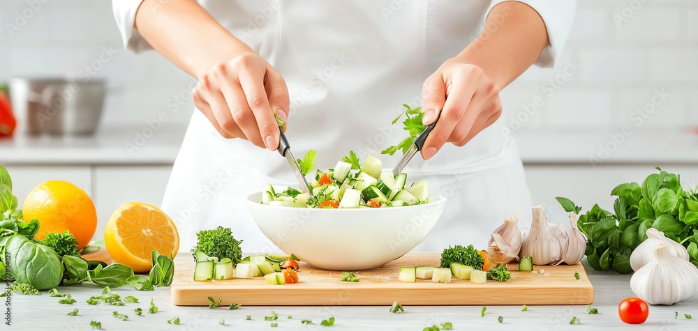 A chef prepares a fresh salad with vibrant ingredients, highlighting healthy cooking and culinary creativity in a bright kitchen. A chef prepares a fresh salad with vibrant ingredients, highlighting healthy cooking and culinary creativity in a bright kitchen.