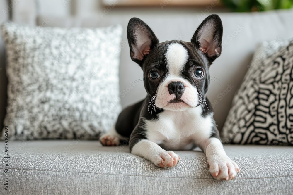 Cute Boston Terrier puppy sitting on a couch. Perfect for website or blog content about pet ownership. Cute Boston Terrier puppy sitting on a couch. Perfect for website or blog content about pet ownership.