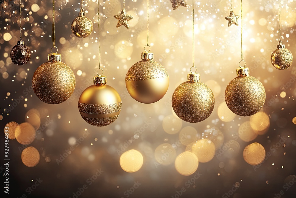 Golden Christmas ornaments hang on strings. Perfect for holiday-themed designs, marketing, or greeting cards. Golden Christmas ornaments hang on strings. Perfect for holiday-themed designs, marketing, or greeting cards.