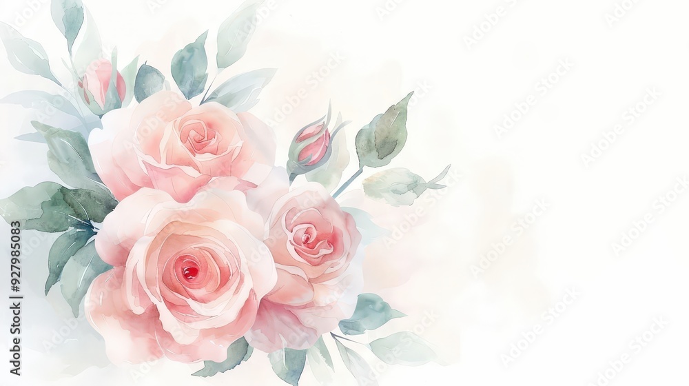 A watercolor painting of three pink roses with green leaves A watercolor painting of three pink roses with green leaves