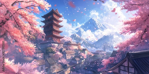 Spring's Enchanted Blossom: Anime-Style Ancient City Surrounded by Tender Elegance of Cherry Blossoms,anime-style,illustration,Picture BooksFor Poster,Novel,UI,WEB,Game,Design photo