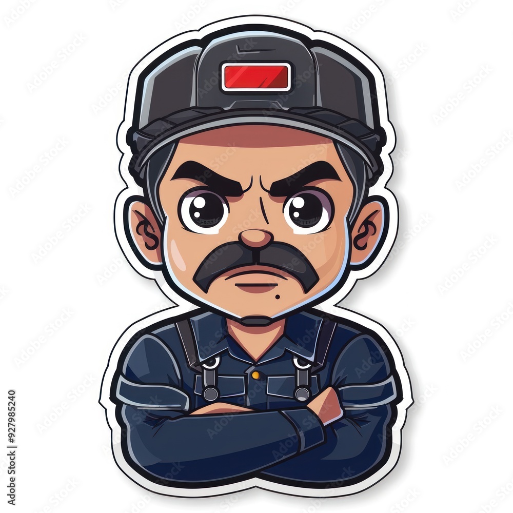 A cartoon character of a stern worker with a mustache and cap, arms crossed. A cartoon character of a stern worker with a mustache and cap, arms crossed.