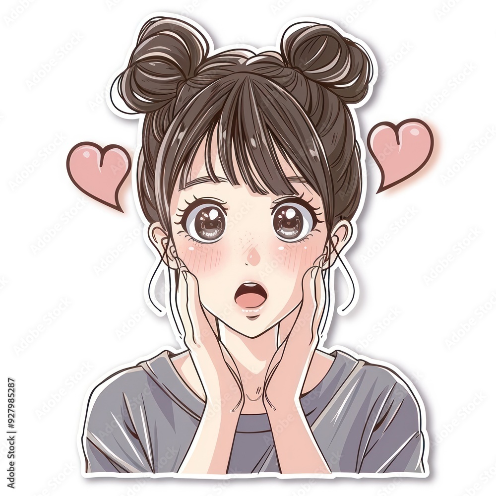 A surprised girl with heart symbols, expressing excitement or admiration. A surprised girl with heart symbols, expressing excitement or admiration.