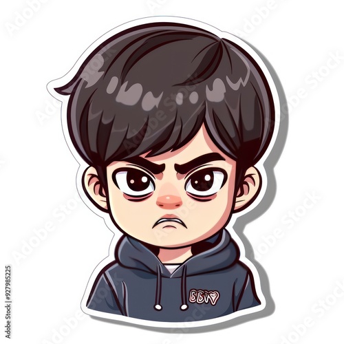 A cartoon-style illustration of a boy with an angry expression wearing a hoodie.