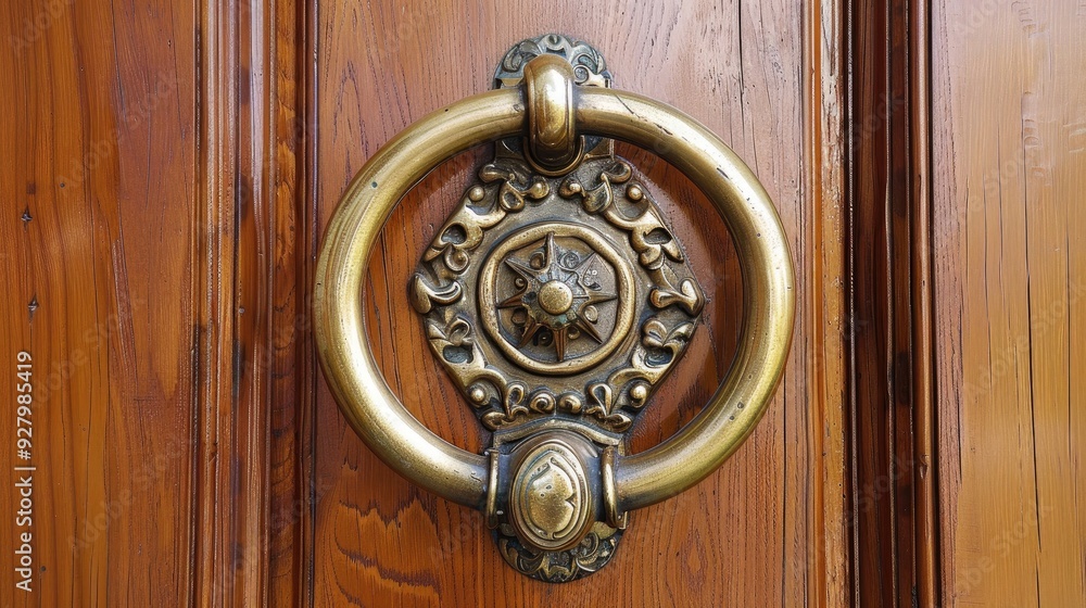 Contemporary brass door knocker on carved pine front door Contemporary brass door knocker on carved pine front door