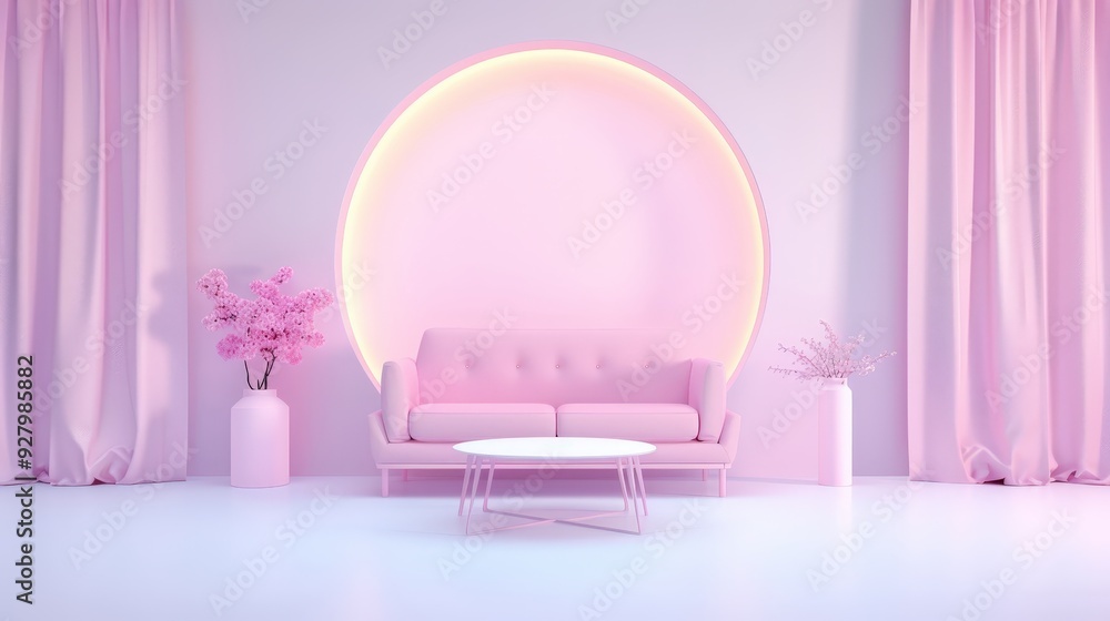 A pink room with a couch and a table A pink room with a couch and a table