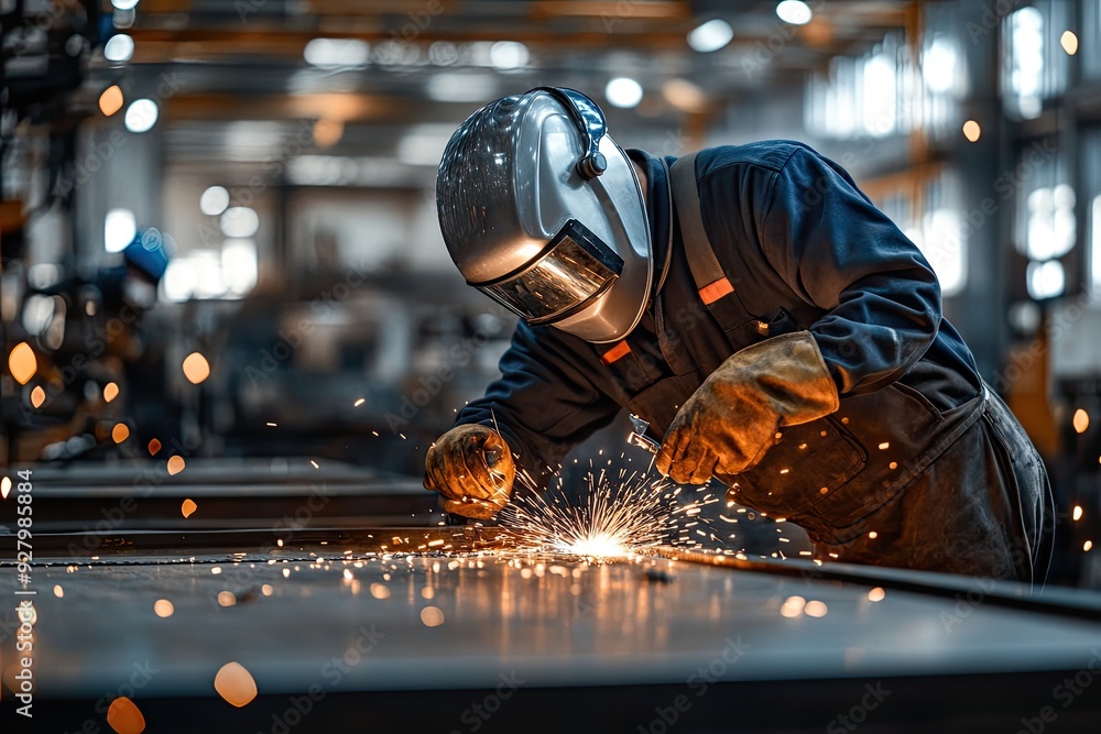 A welder works on a metal piece. This photo depicts the hard work and dedication of industrial workers. A welder works on a metal piece. This photo depicts the hard work and dedication of industrial workers.