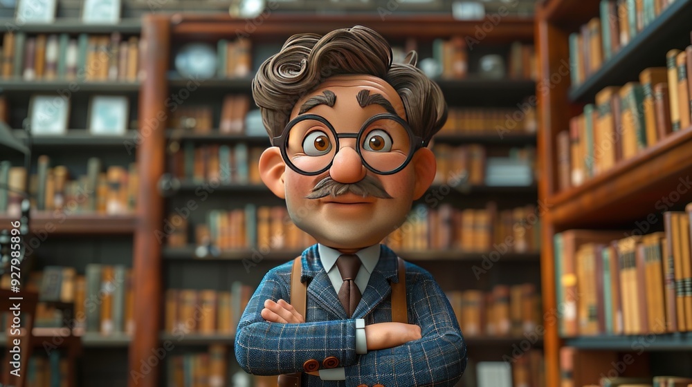A cartoon character with glasses and a mustache stands confidently in a library. A cartoon character with glasses and a mustache stands confidently in a library.