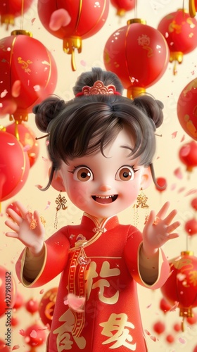 A joyful girl in a festive red outfit surrounded by lanterns and petals.