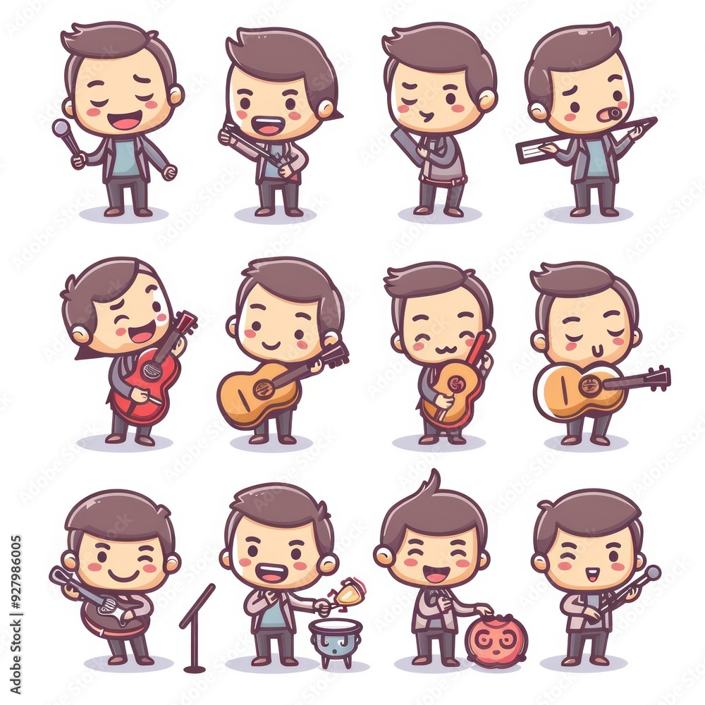A collection of cute cartoon characters playing various musical instruments and expressing emotions. A collection of cute cartoon characters playing various musical instruments and expressing emotions.