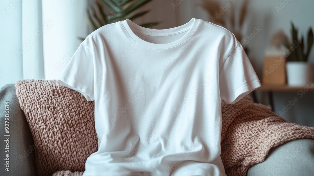 Blank white female t-shirt. Cozy background for mockup Blank white female t-shirt. Cozy background for mockup