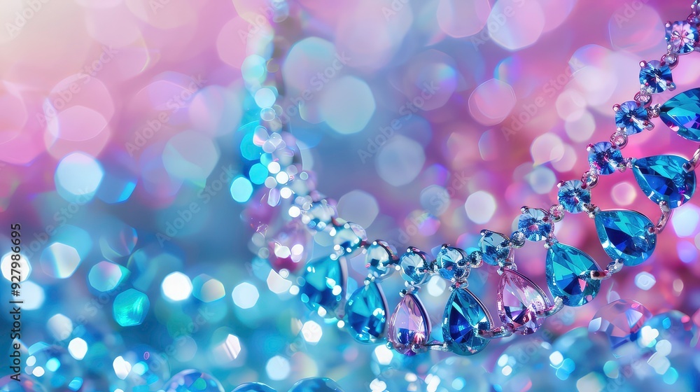 A close-up shot of a shimmering blue crystal necklace against a blurred background of soft pink and blue. The crystals are faceted and catch the light, creating a dazzling display. A close-up shot of a shimmering blue crystal necklace against a blurred background of soft pink and blue. The crystals are faceted and catch the light, creating a dazzling display.