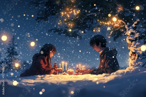 Christmas Eve's Snowy Serenade: anime-style Enchanted Candlelit Dinner Amidst Winter's Whisper for 2025 Holiday Season,Anime-Style,illustration,Picture BooksFor Poster,Novel,UI,WEB,Game,Design,Abstrac photo