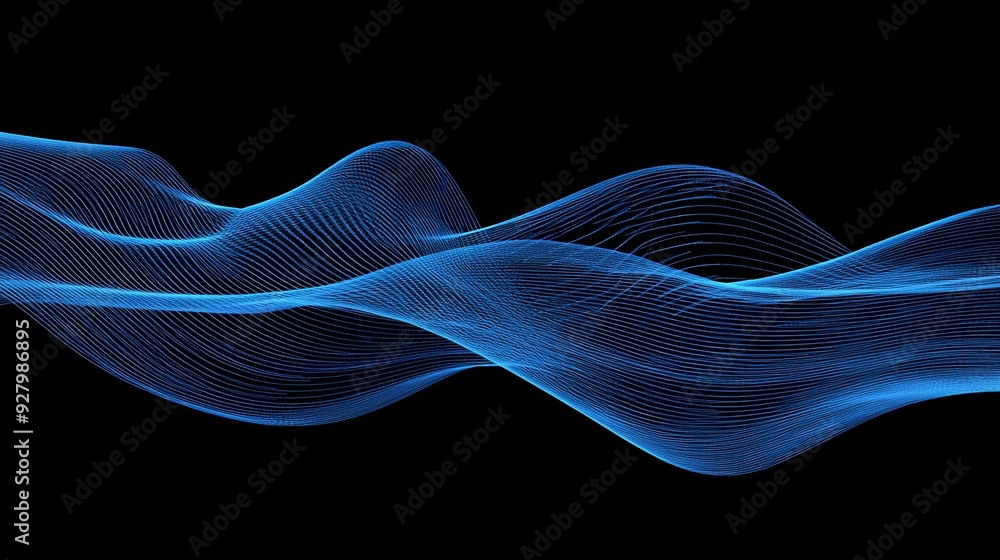 Technical vector art with blue wavy lines on a black background ...