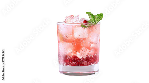 A glass of pink drink with a green leaf on top
