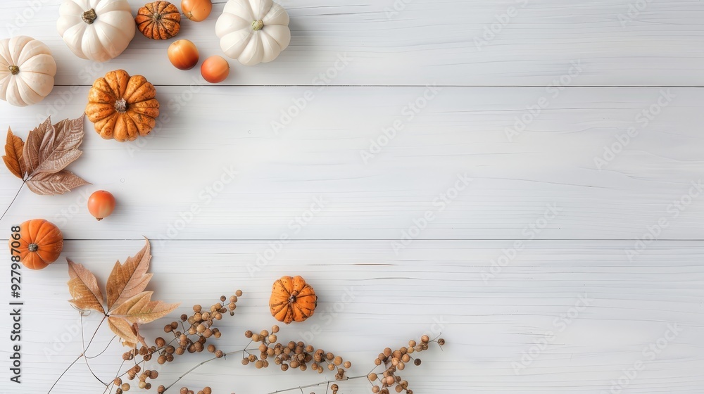 A white background with a bunch of orange and white pumpkins and leaves A white background with a bunch of orange and white pumpkins and leaves