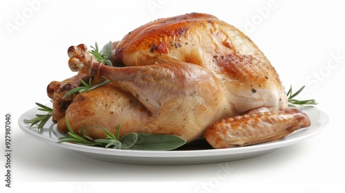 A large roasted turkey with herbs on top of a white plate