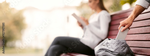 Pickpocket Thief Stealing Mobile Phone From Woman's Bag While She Sitting On Bench In Park. Cropped, Selective Focus