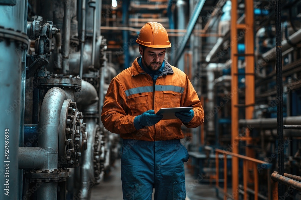 A worker in a factory reads a tablet. This photo depicts a worker in the industrial setting, focusing on technology in a factory. A worker in a factory reads a tablet. This photo depicts a worker in the industrial setting, focusing on technology in a factory.