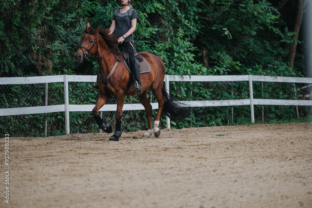 A girl riding a horse at a ranch with lush greenery in the background. The rider is in a fenced riding area enjoying horse riding. A girl riding a horse at a ranch with lush greenery in the background. The rider is in a fenced riding area enjoying horse riding.