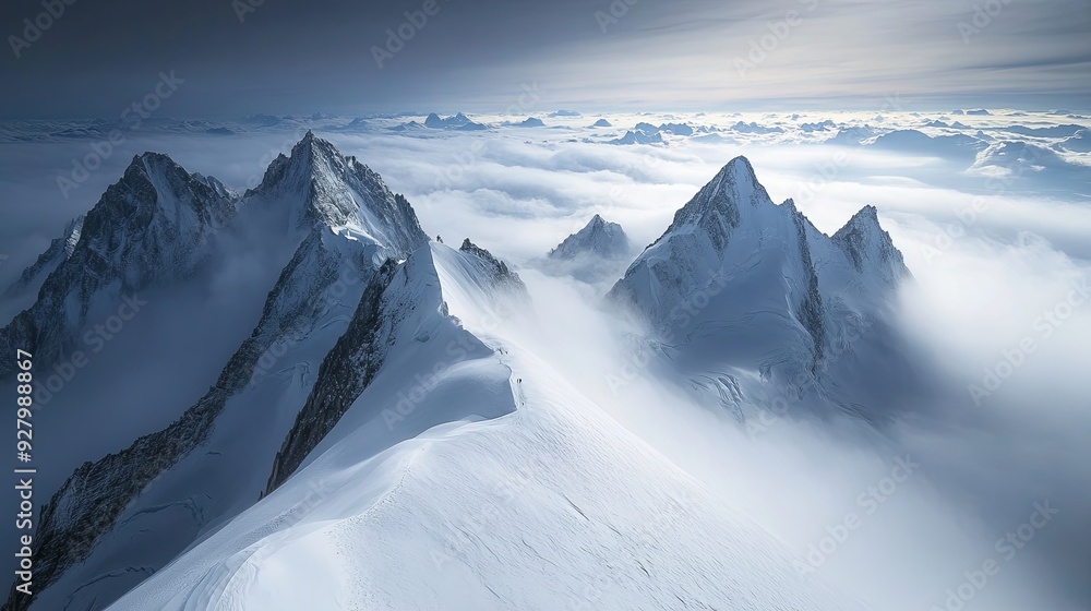Fototapeta premium Breathtaking Landscape Photography of a Snowy Mountain Top with a Sea of Clouds, Captured with a Super Wideangle Lens for Super Clear, High Quality Clarity