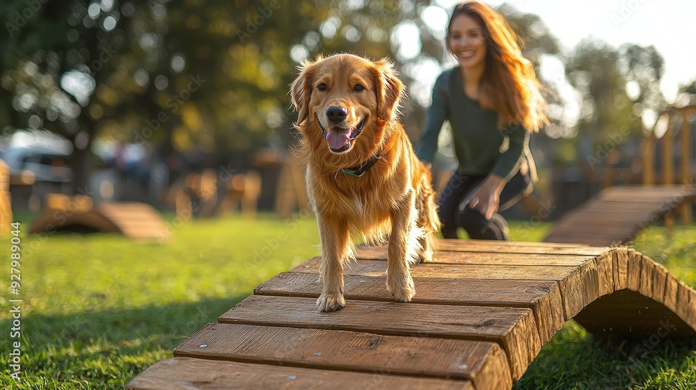 A golden retriever happily walks on an agility ramp, with its owner ...