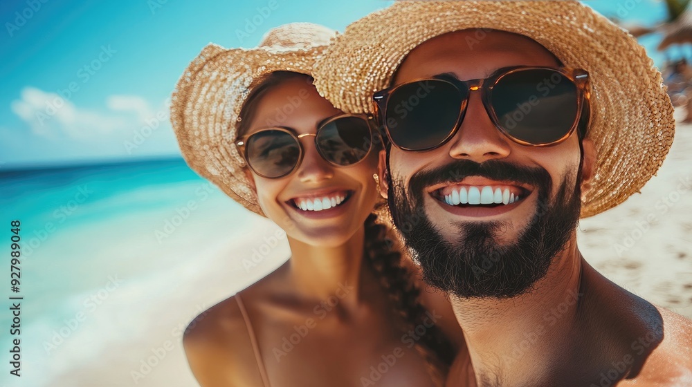 Couple in straw hats on a beach. Great image for travel blogs or social media posts. Couple in straw hats on a beach. Great image for travel blogs or social media posts.