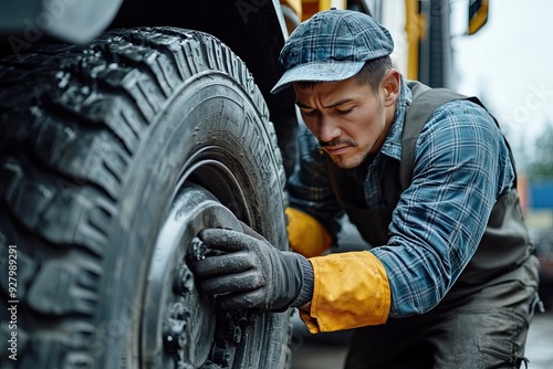 A mechanic works on a tire. This photo shows the process of fixing a flat tire.