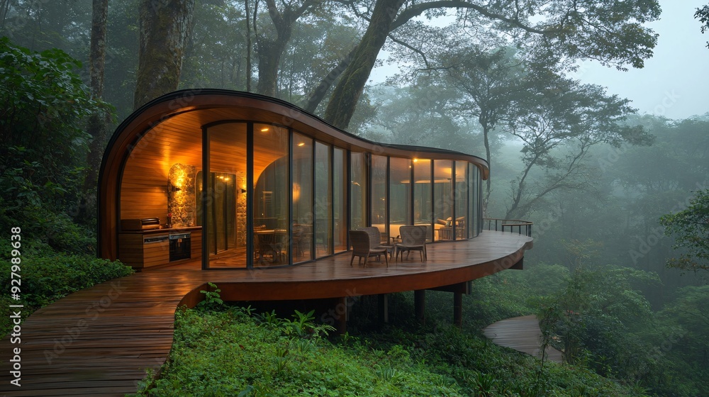A modern wooden house nestled in a misty forest, featuring large glass windows and a curved design. A modern wooden house nestled in a misty forest, featuring large glass windows and a curved design.