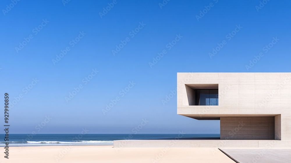 Modern architectural structure by the beach under a clear blue sky. Modern architectural structure by the beach under a clear blue sky.