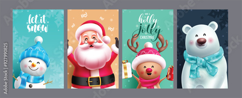 Christmas greetings characters vector poster set design. Christmas character like cute snowman, singing santa claus, smiling reindeer and friendly polar bear for xmas card collection. Vector 