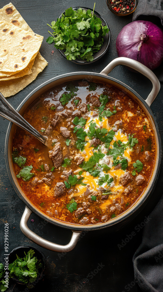 Closeup large pot of beef birria vertical Closeup large pot of beef birria vertical