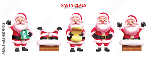 Christmas santa claus characters set vector design. Santa claus funny pose in chimney, friendly waving, standing, reading letter and holding gift box elements in isolated snow winter white background.
