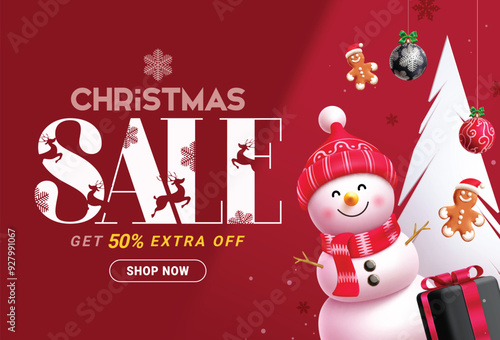 Christmas sale vector red banner design. Christmas sale text for holiday shopping promo and discount price tag in red winter background with cute snowman character and xmas elements. Vector 