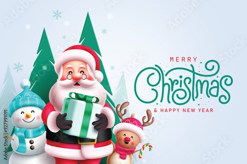 Merry christmas greeting vector template design. Christmas greeting text in paper cuts blue pine trees background with santa claus holding gift box elements, snowman and reindeer characters. Vector