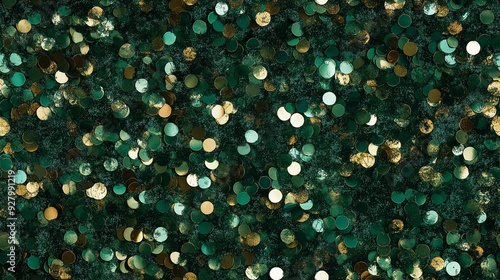 shimmering forest green sequin texture with scattered gold and brown accents