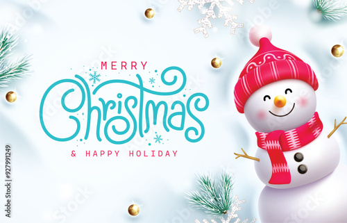 Christmas greeting vector template design. Merry christmas greeting text with cute snowman character, frost fir leaves, gold xmas balls and glitter snowflakes elements in empty space snowy background.