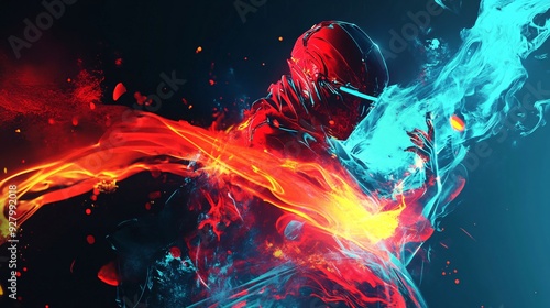 Dynamic gaming wallpaper with abstract fighter character in motion, red and blue particles, perfect for desktop background.