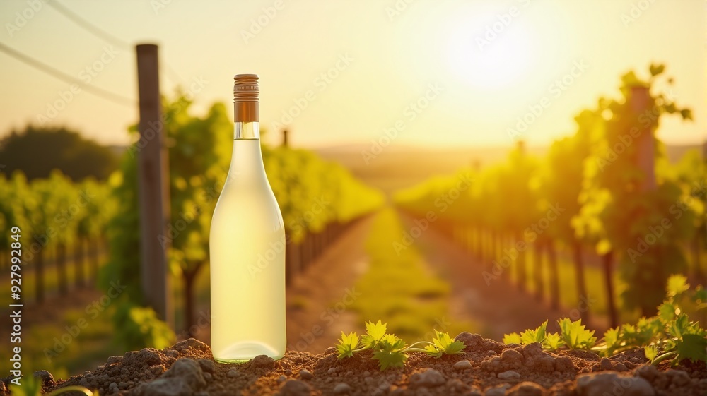 white wine bottle mock up on vineyard, bathed in the warm glow of sunlight, a canvas for bottle label design. white wine bottle mock up on vineyard, bathed in the warm glow of sunlight, a canvas for bottle label design.